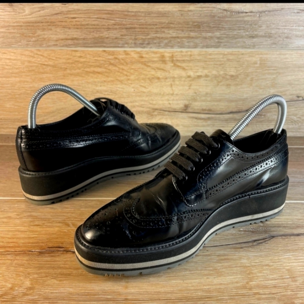 Prada Wingtip Brogue Oxford Platform Black  Patent Leather Shoes Size 38